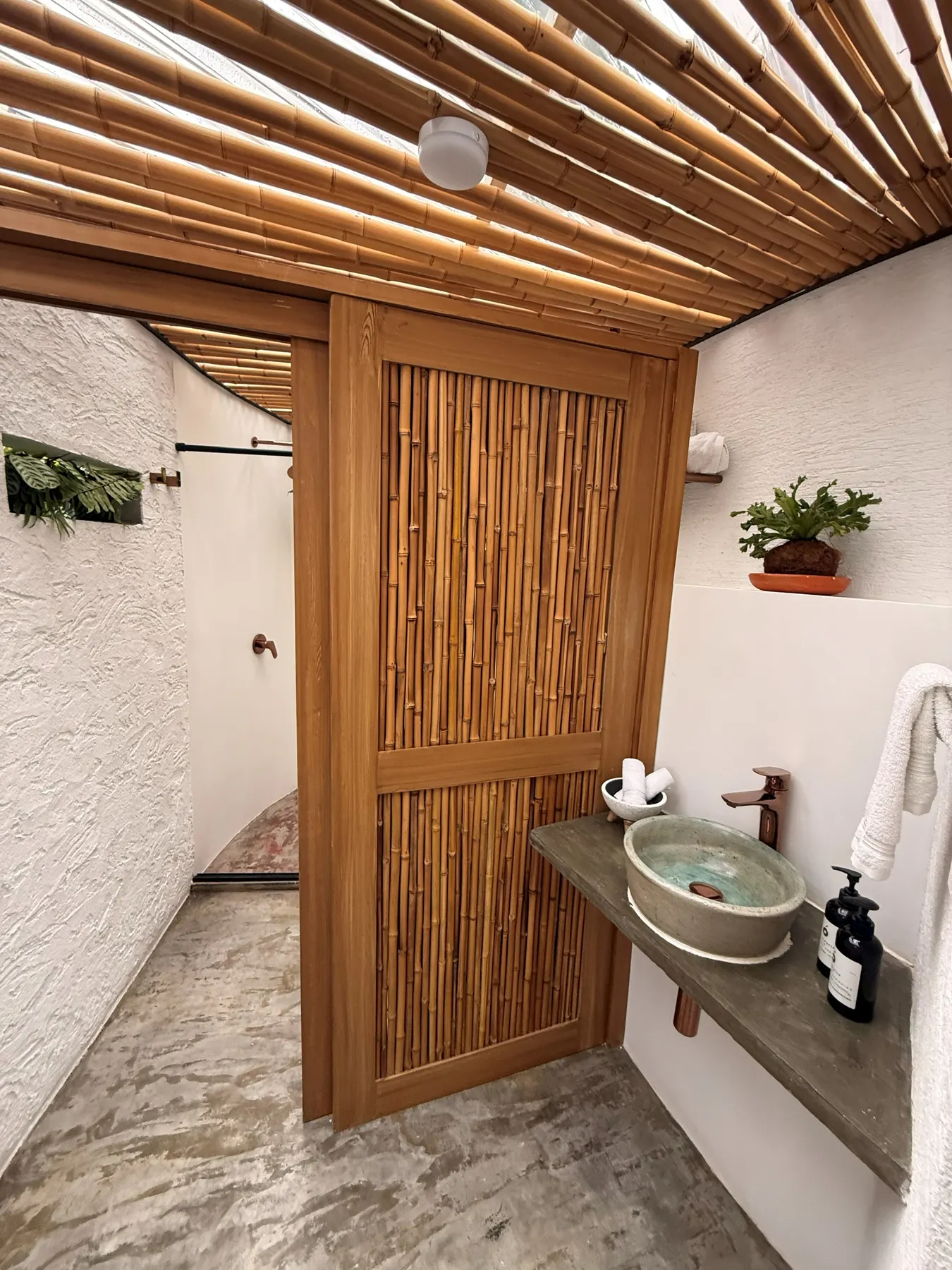 The bamboo sliding door of the dome’s bathroom, plants hanging from the wall