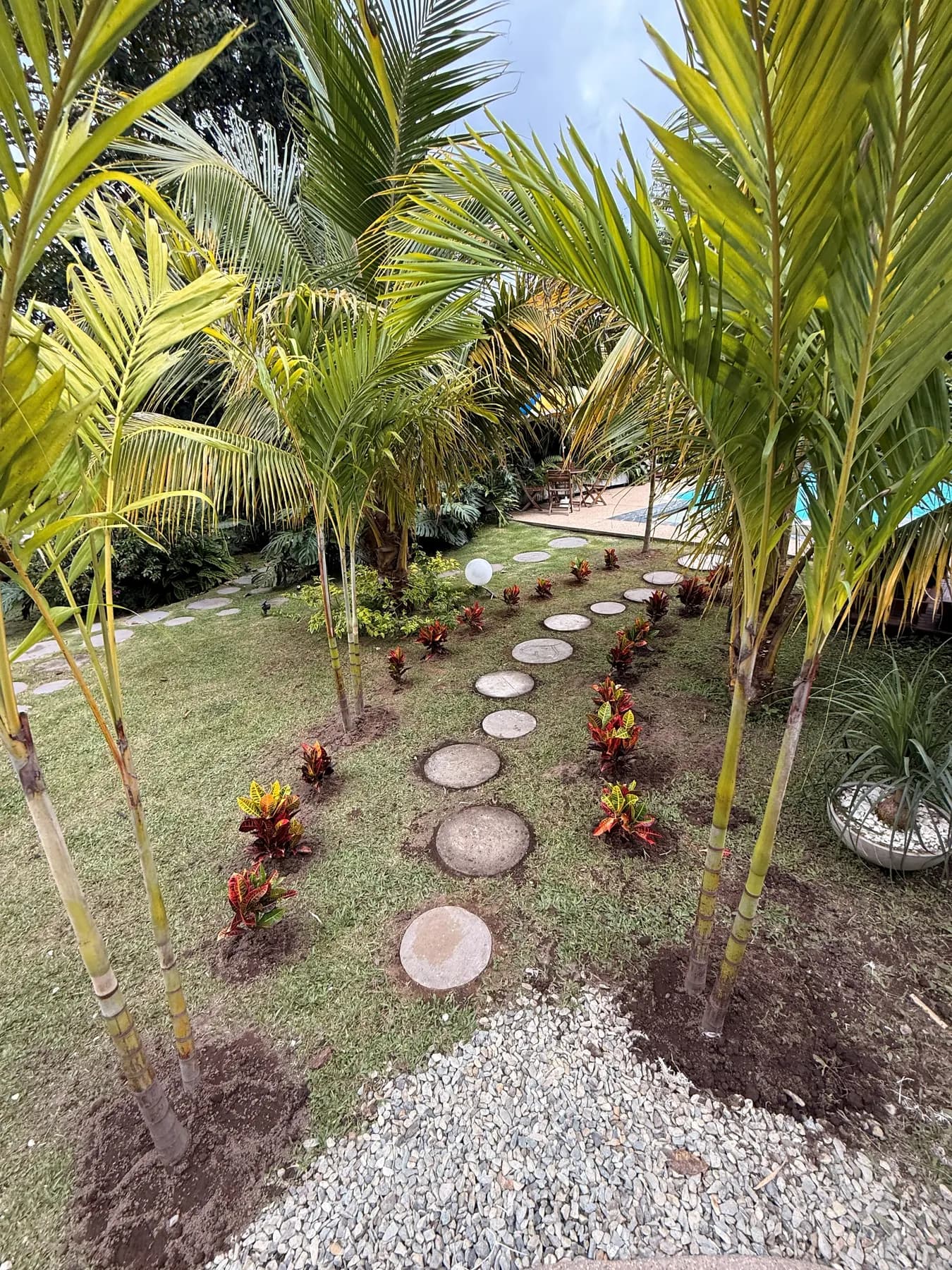 The stepping-stone path between palms that leads to the dome