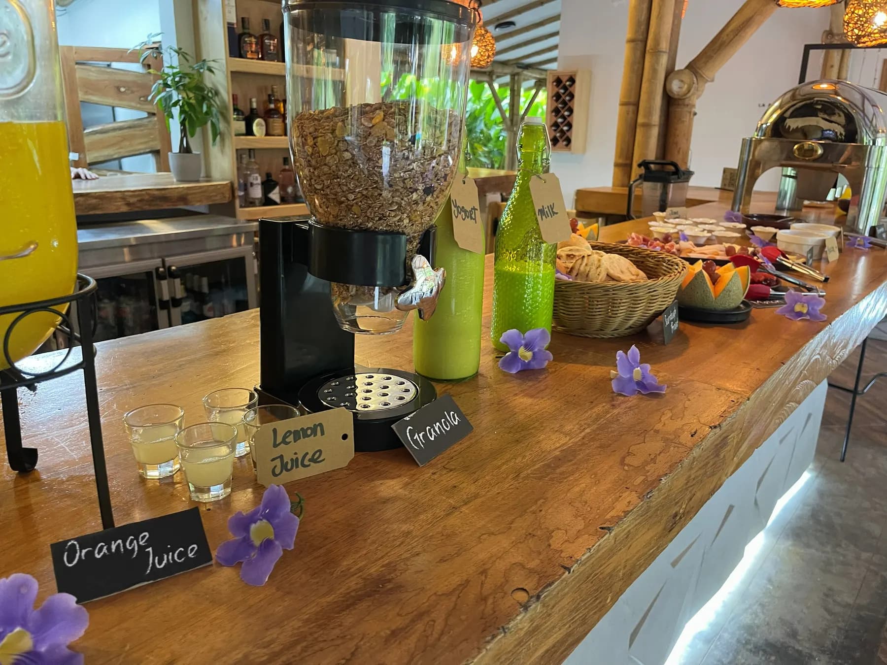 Restaurant bar with purple flowers and green glass bottles