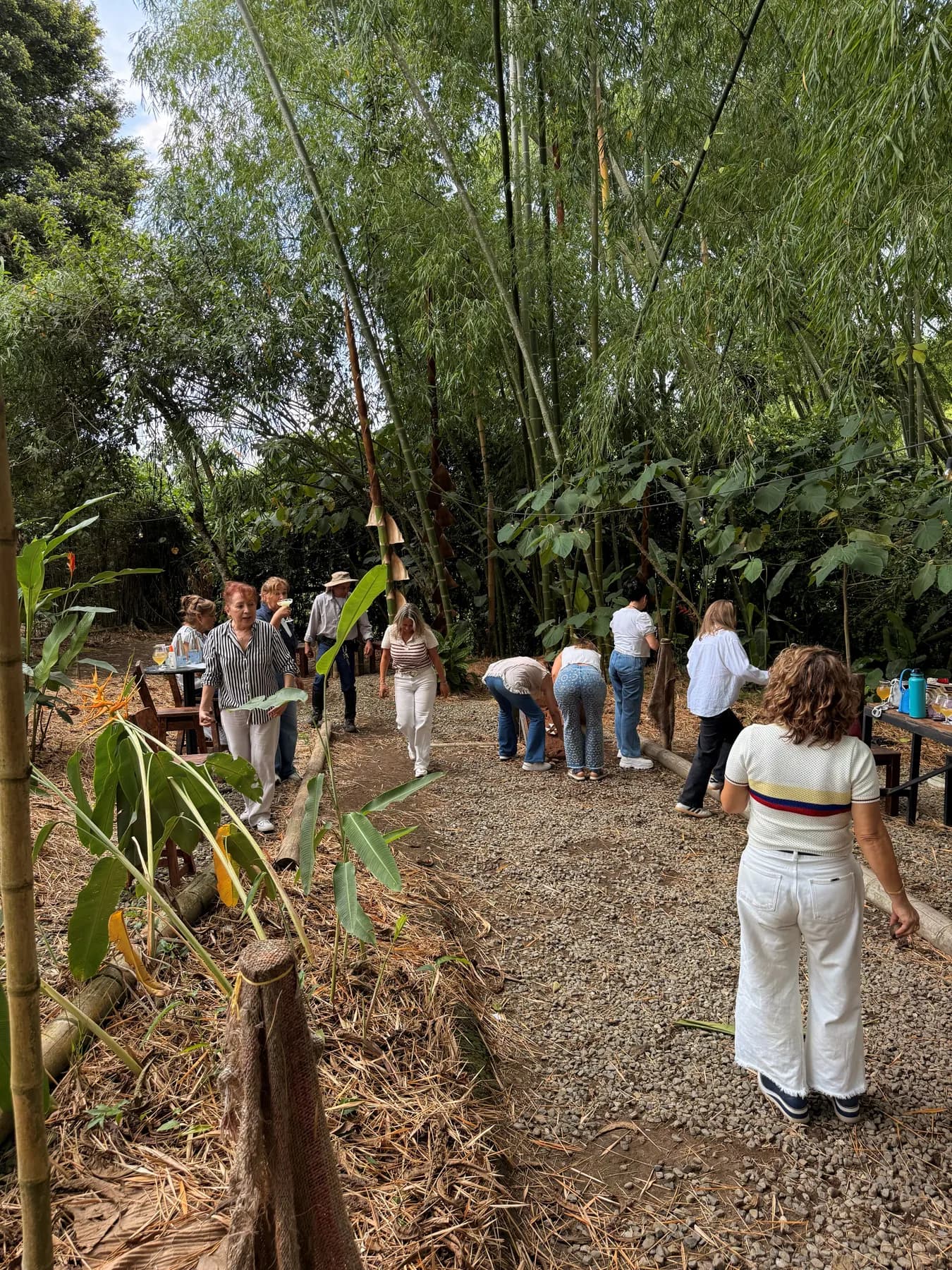 People chatting beside the tejo court among bamboo