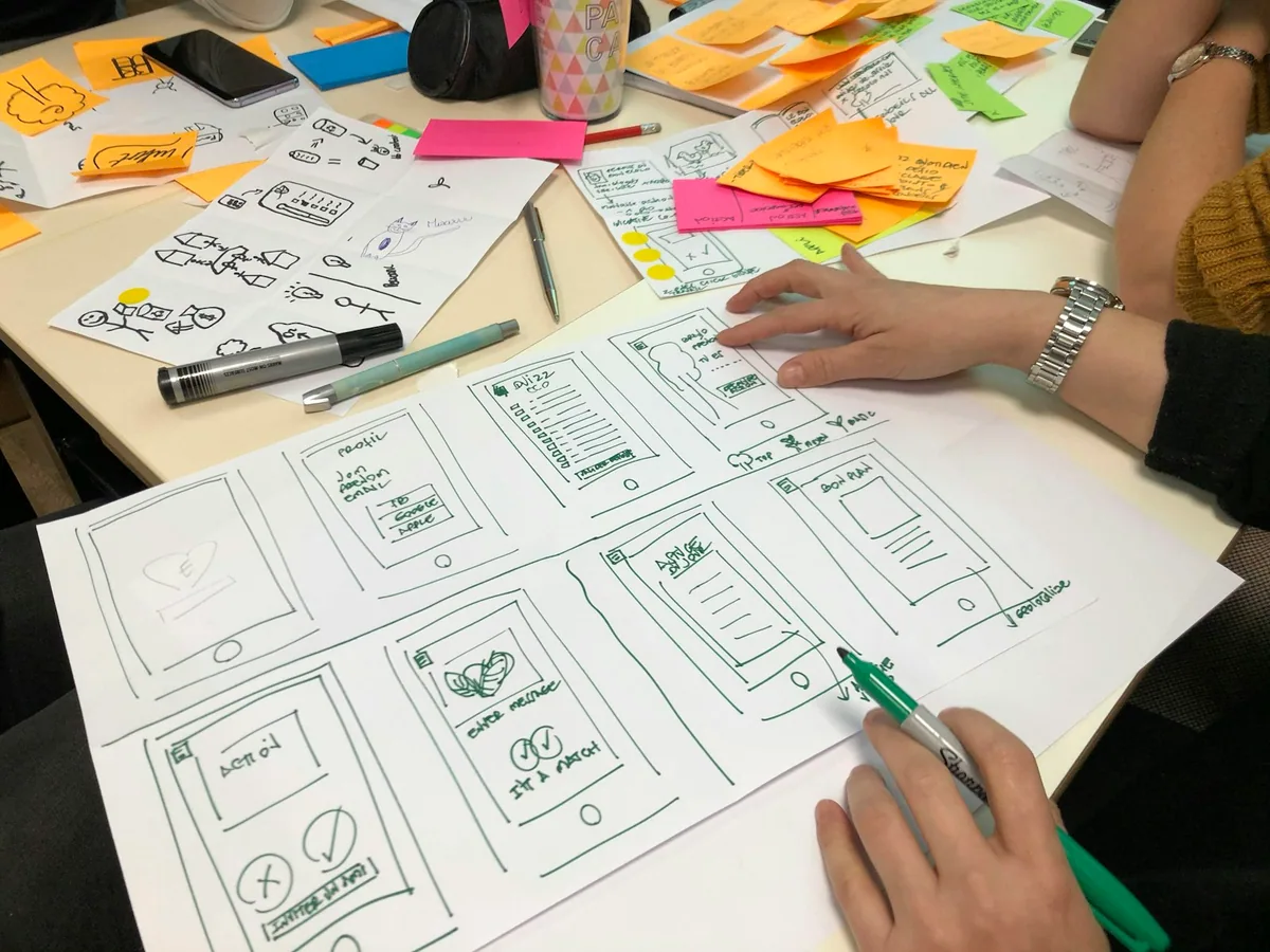 Hands sketching a plan on paper with sticky notes