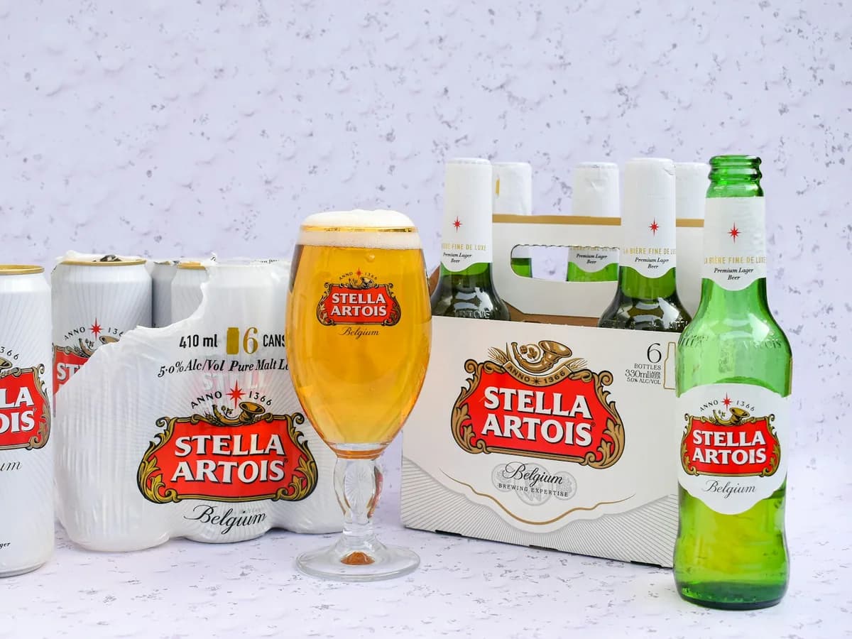 A bottle and glass of Stella Artois