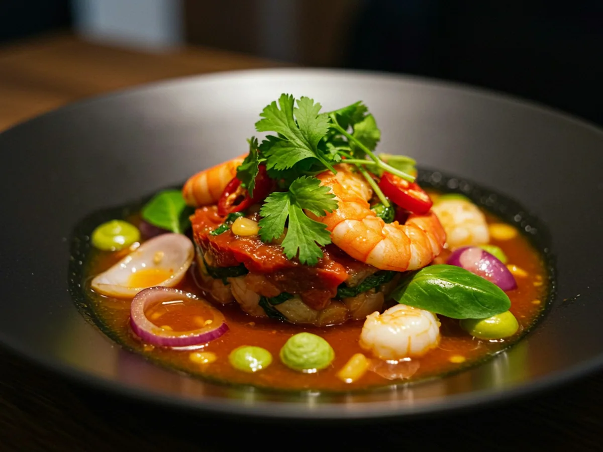 Ceviche with shrimp, red onion and coriander in a dark bowl