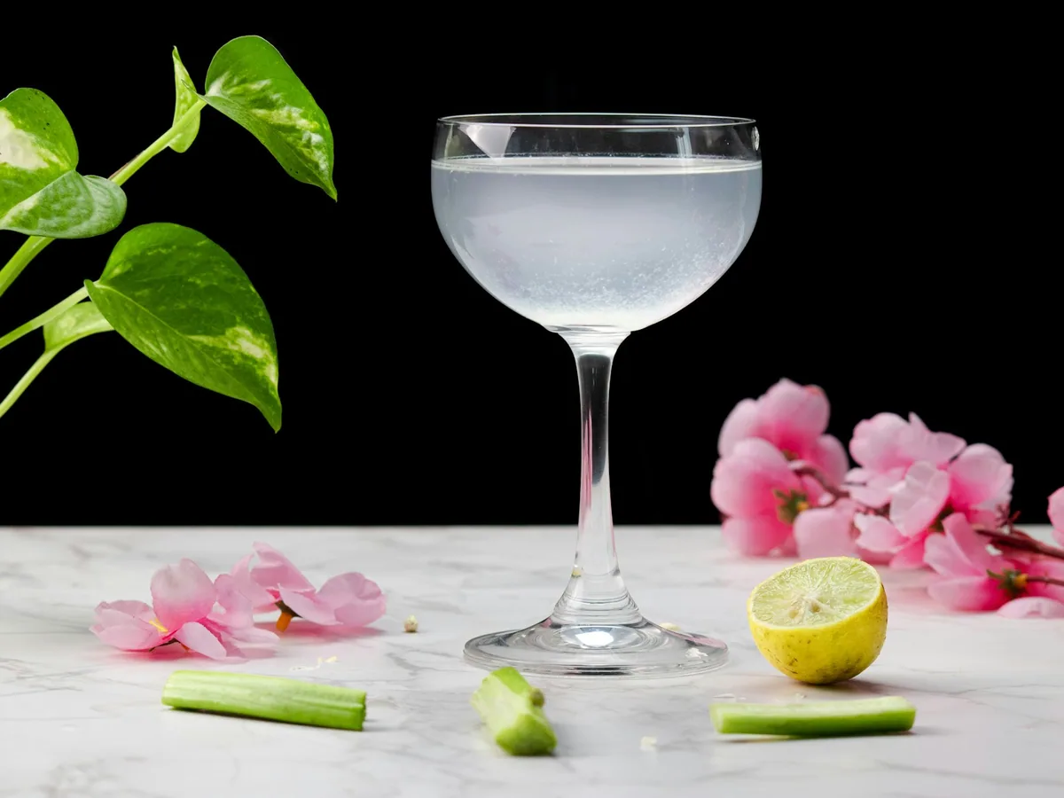A coupe glass with a clear cocktail and lime