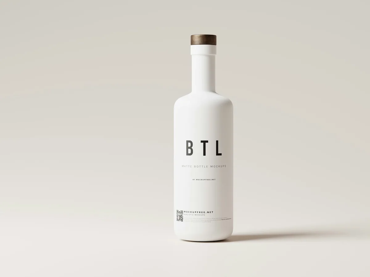 A white rum bottle against a pale ground