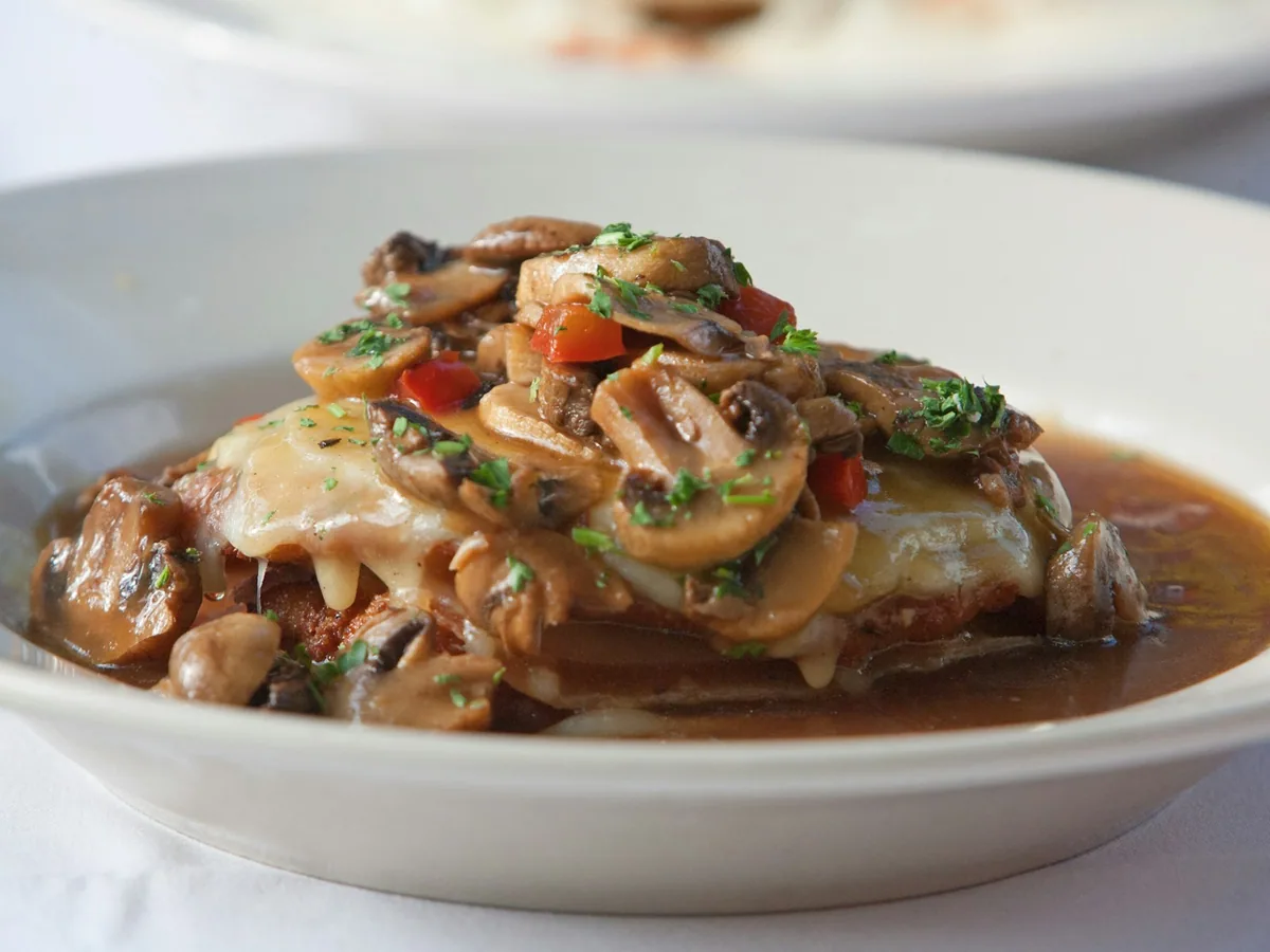 Chicken in mushroom sauce on a white plate
