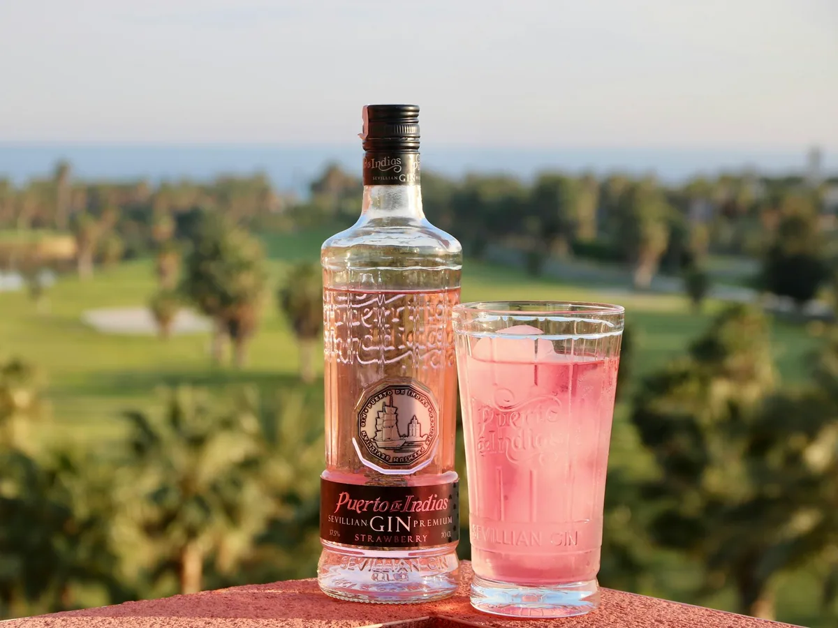 A bottle of pink gin with a glass