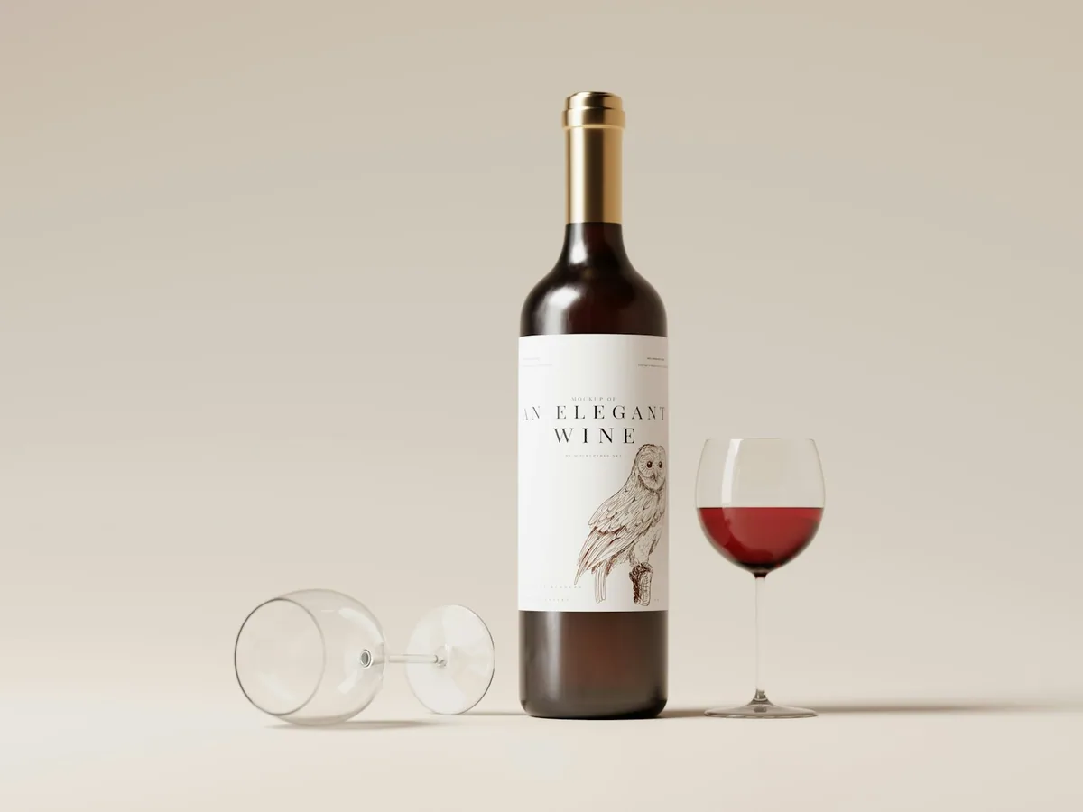A bottle and glass of wine against a beige ground