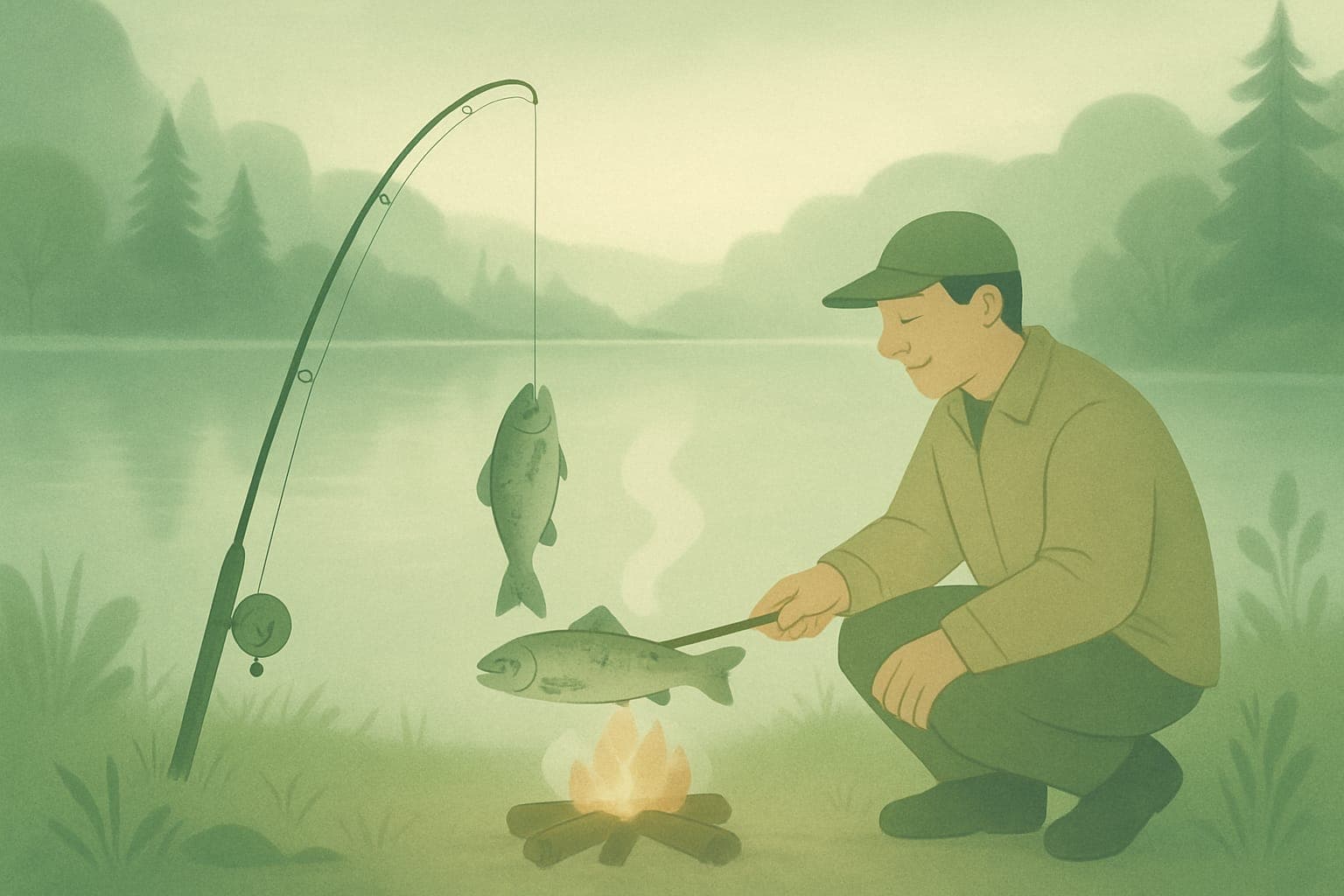 AI-generated illustration: From lake to fire: catching your own dinner