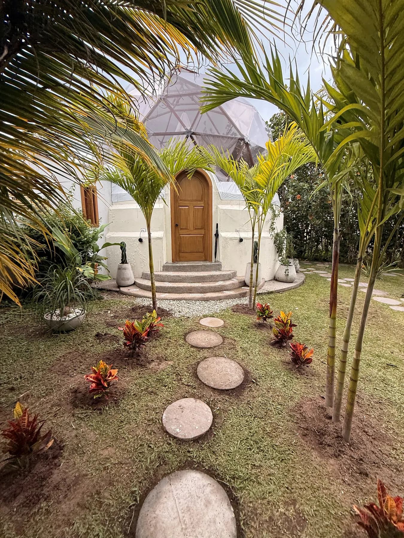 The dome from outside, with its arched wooden door, front steps and young palms around it